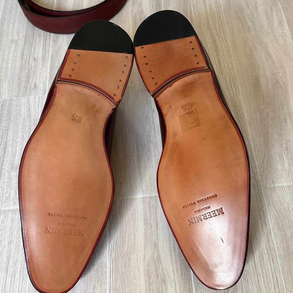 NWT Calf Leather Burgundy Whole Cut Oxfords with matching belt - Picture 3 of 9